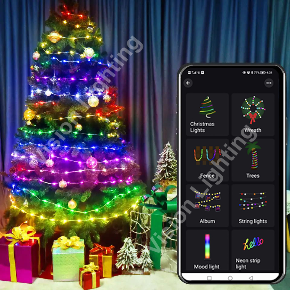 Panel remoto y control de aplicación, enchufe USB, decoración de árbol de Navidad, tira inteligente de luces LED RGB