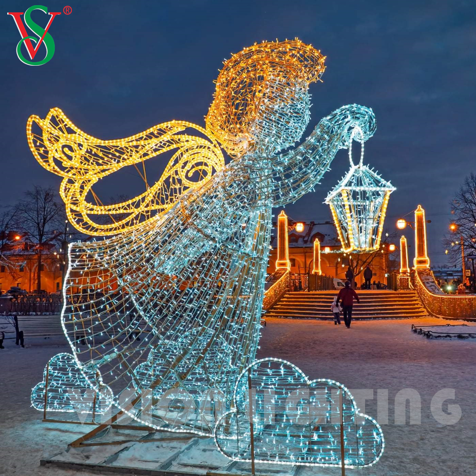 Decoraciones de hadas navideñas, luces al aire libre con motivos de escultura de ángel 3D para la decoración del hotel Plaza Street