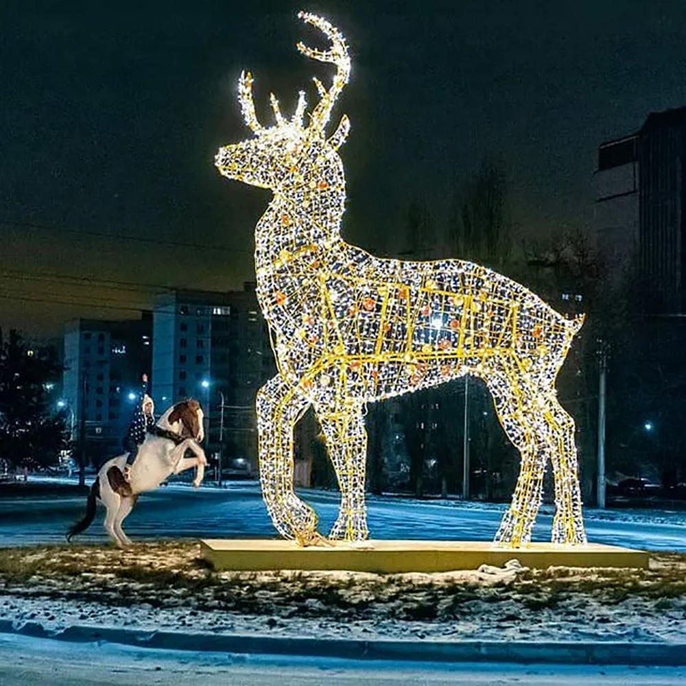 Decoración navideña para exteriores, motivo de escultura 3D, animal gigante personalizado, luz de ciervo led